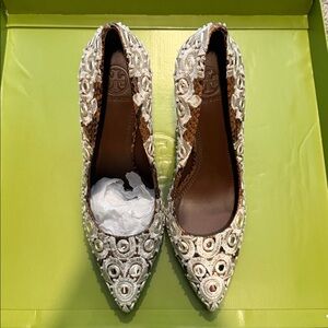 Elegant White and Brown embroidered heels- Tory Burch
